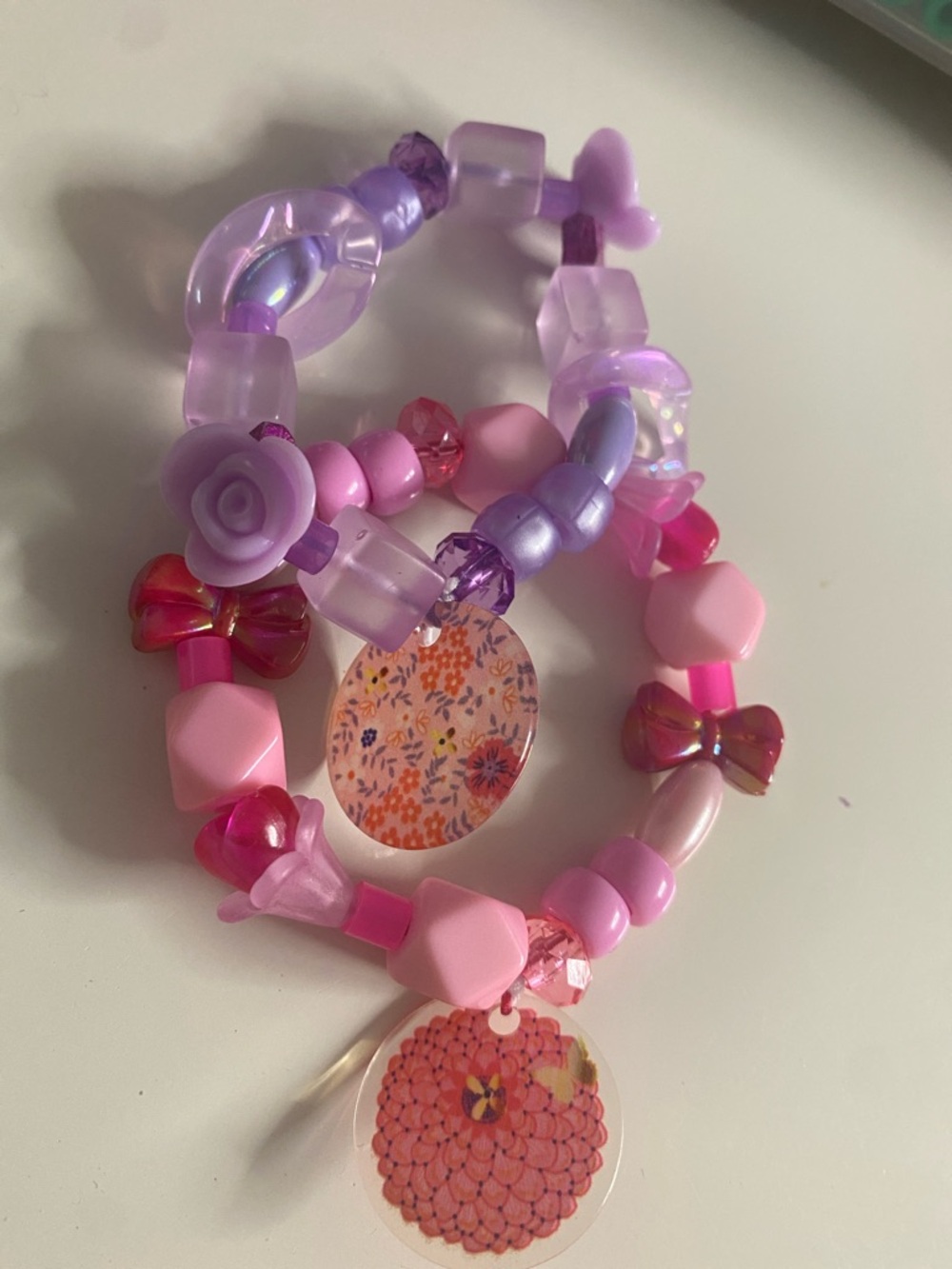 Pink & Purple Beaded Flower Charm Bracelet Set